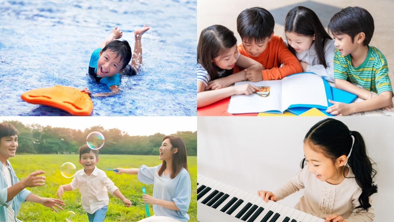 Children enjoying craft activities, swimming, and music lessons during June school holidays.